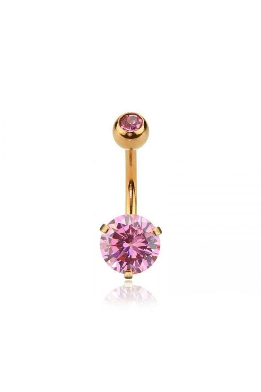 Rose Gold Double Gem Prong Round CZ 316L Navel Ring-Pink